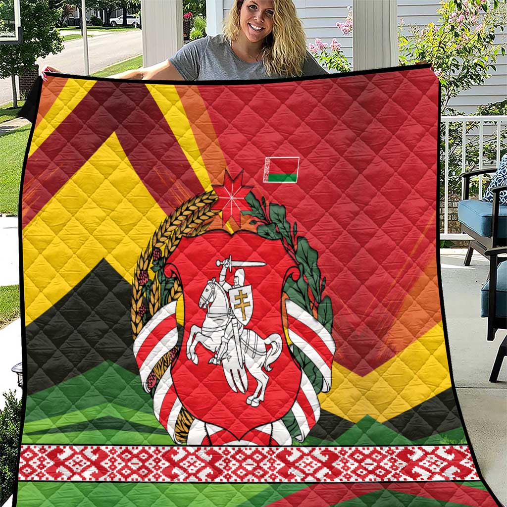 Belarus Red and Yellow National Crest Quilt with Pahonia Knight and Folk Motif Design