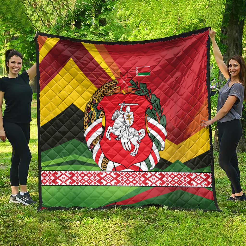 Belarus Red and Yellow National Crest Quilt with Pahonia Knight and Folk Motif Design