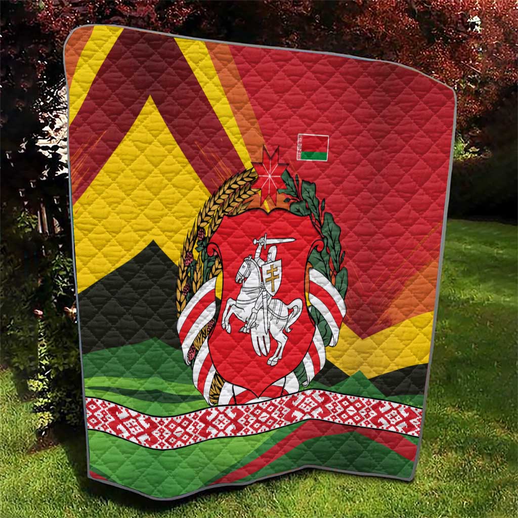 Belarus Red and Yellow National Crest Quilt with Pahonia Knight and Folk Motif Design