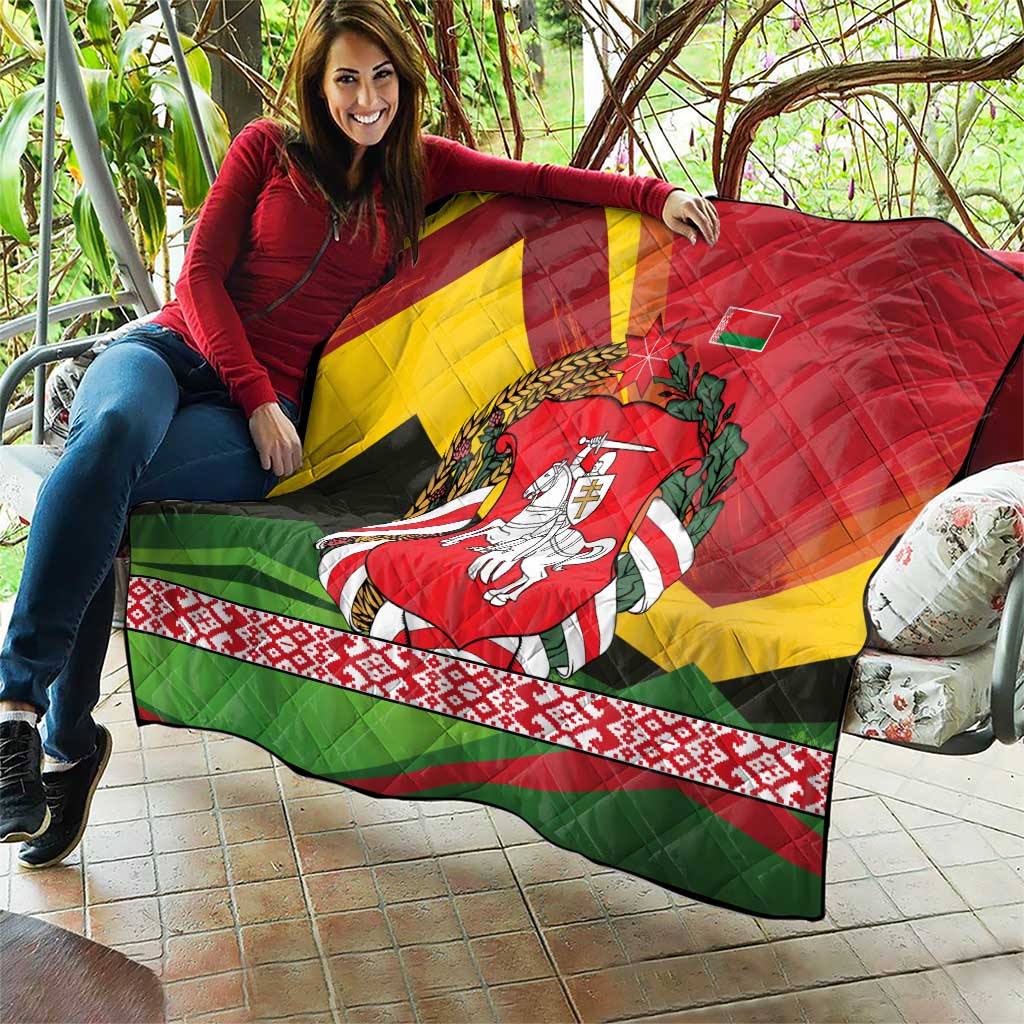 Belarus Red and Yellow National Crest Quilt with Pahonia Knight and Folk Motif Design