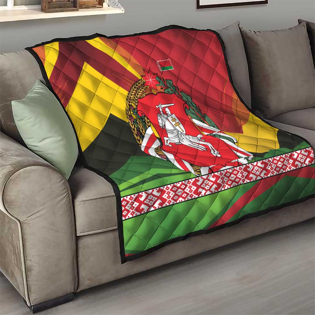 Belarus Red and Yellow National Crest Quilt with Pahonia Knight and Folk Motif Design