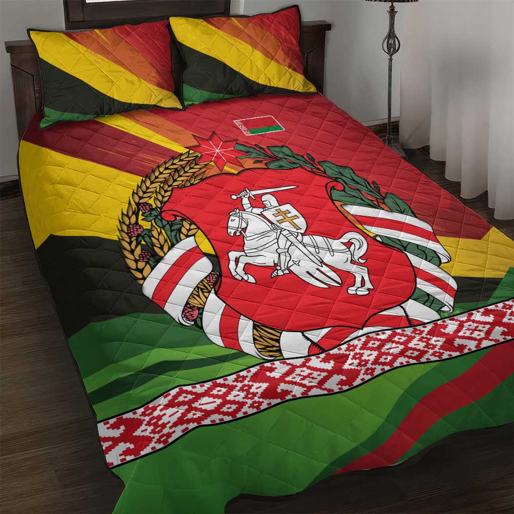 Belarus Red and Yellow National Crest Quilt Bed Set with Pahonia Knight and Folk Motif Design