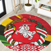 Belarus Red and Yellow National Crest Round Carpet with Pahonia Knight and Folk Motif Design
