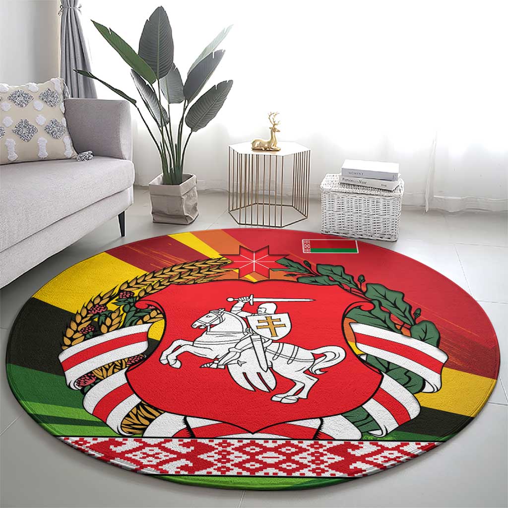 Belarus Red and Yellow National Crest Round Carpet with Pahonia Knight and Folk Motif Design