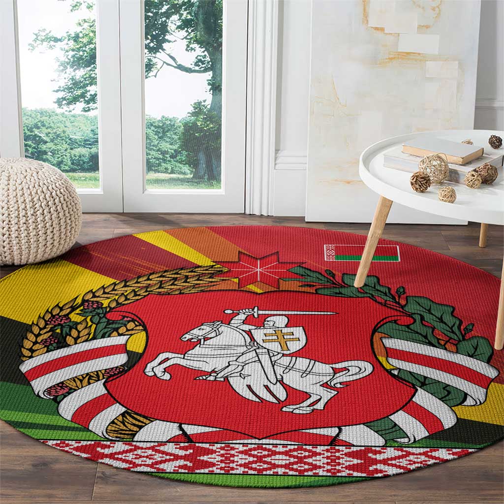 Belarus Red and Yellow National Crest Round Carpet with Pahonia Knight and Folk Motif Design