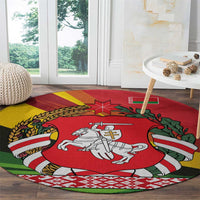 Belarus Red and Yellow National Crest Round Carpet with Pahonia Knight and Folk Motif Design