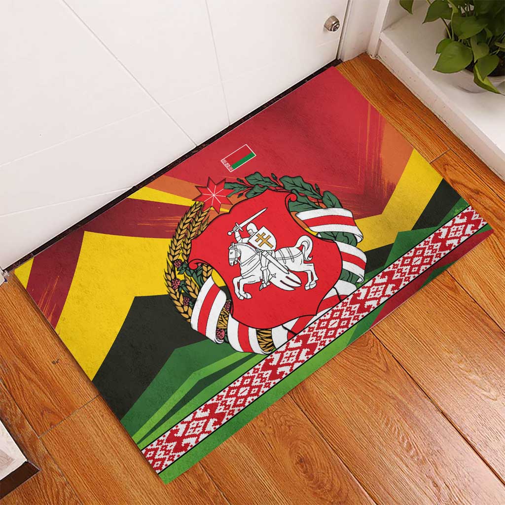 Belarus Red and Yellow National Crest Rubber Doormat with Pahonia Knight and Folk Motif Design