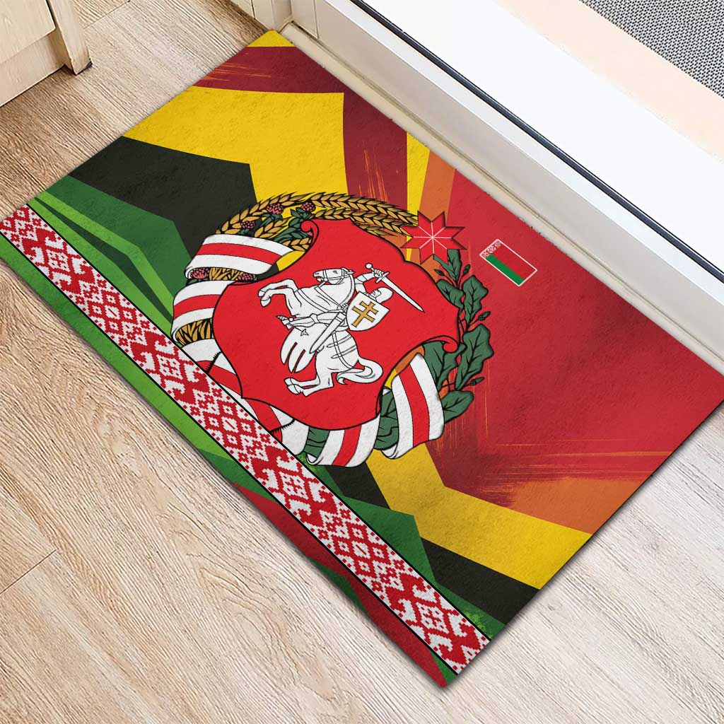 Belarus Red and Yellow National Crest Rubber Doormat with Pahonia Knight and Folk Motif Design
