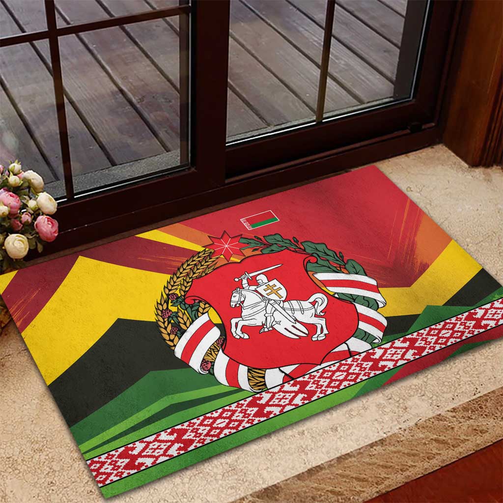 Belarus Red and Yellow National Crest Rubber Doormat with Pahonia Knight and Folk Motif Design