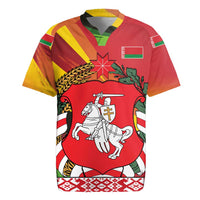 Belarus Red and Yellow National Crest Rugby Jersey with Pahonia Knight and Folk Motif Design