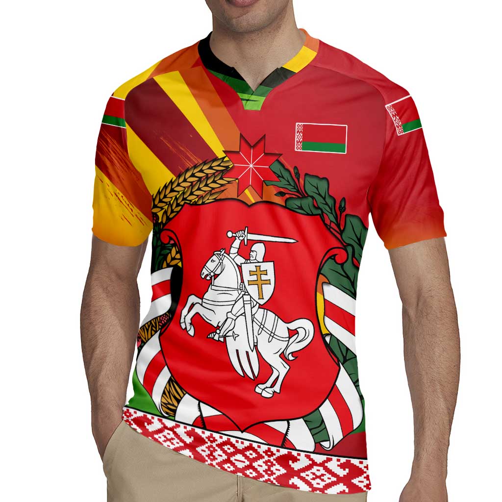 Belarus Red and Yellow National Crest Rugby Jersey with Pahonia Knight and Folk Motif Design