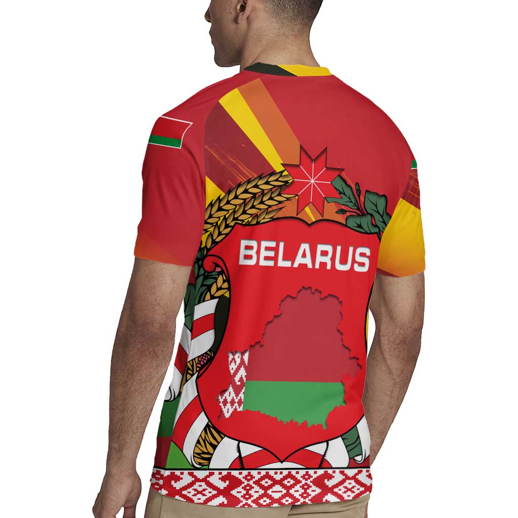 Belarus Red and Yellow National Crest Rugby Jersey with Pahonia Knight and Folk Motif Design