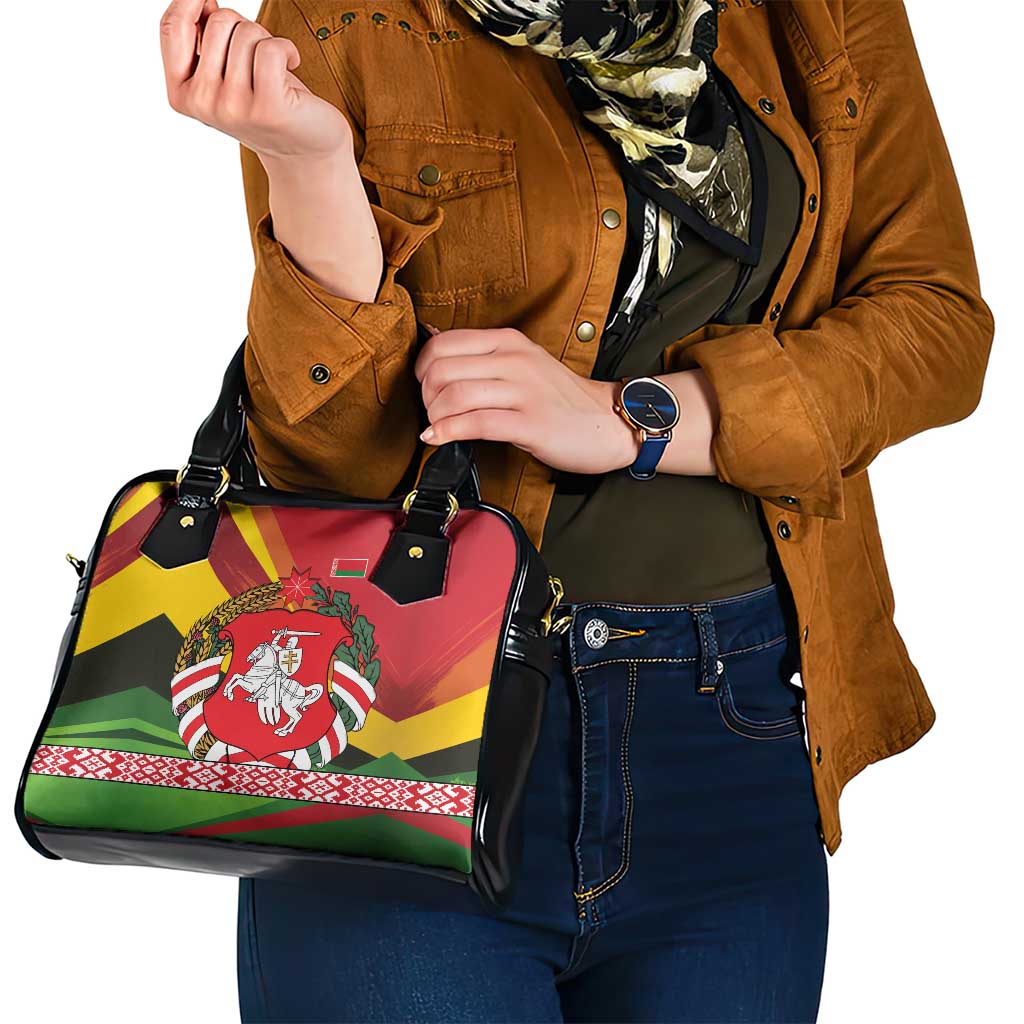 Belarus Red and Yellow National Crest Shoulder Handbag with Pahonia Knight and Folk Motif Design