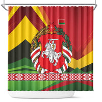 Belarus Red and Yellow National Crest Shower Curtain with Pahonia Knight and Folk Motif Design