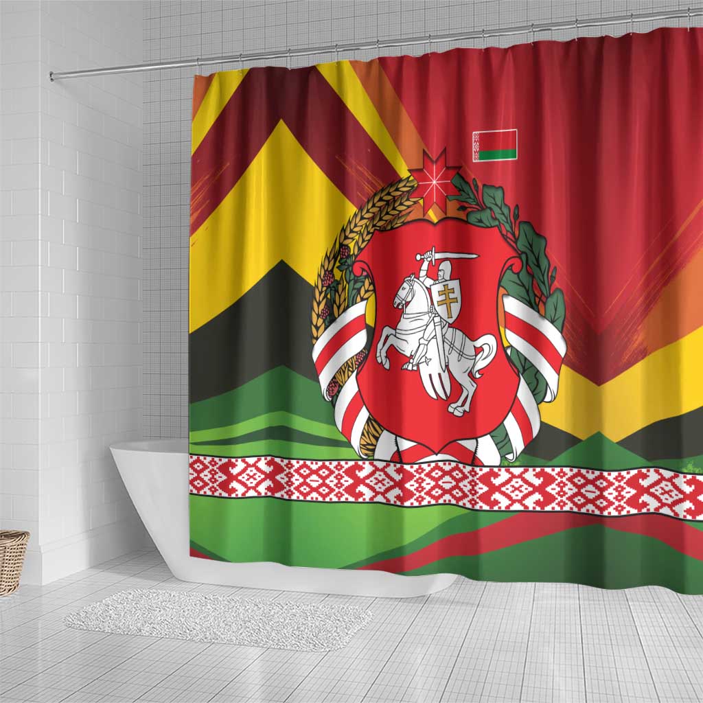 Belarus Red and Yellow National Crest Shower Curtain with Pahonia Knight and Folk Motif Design