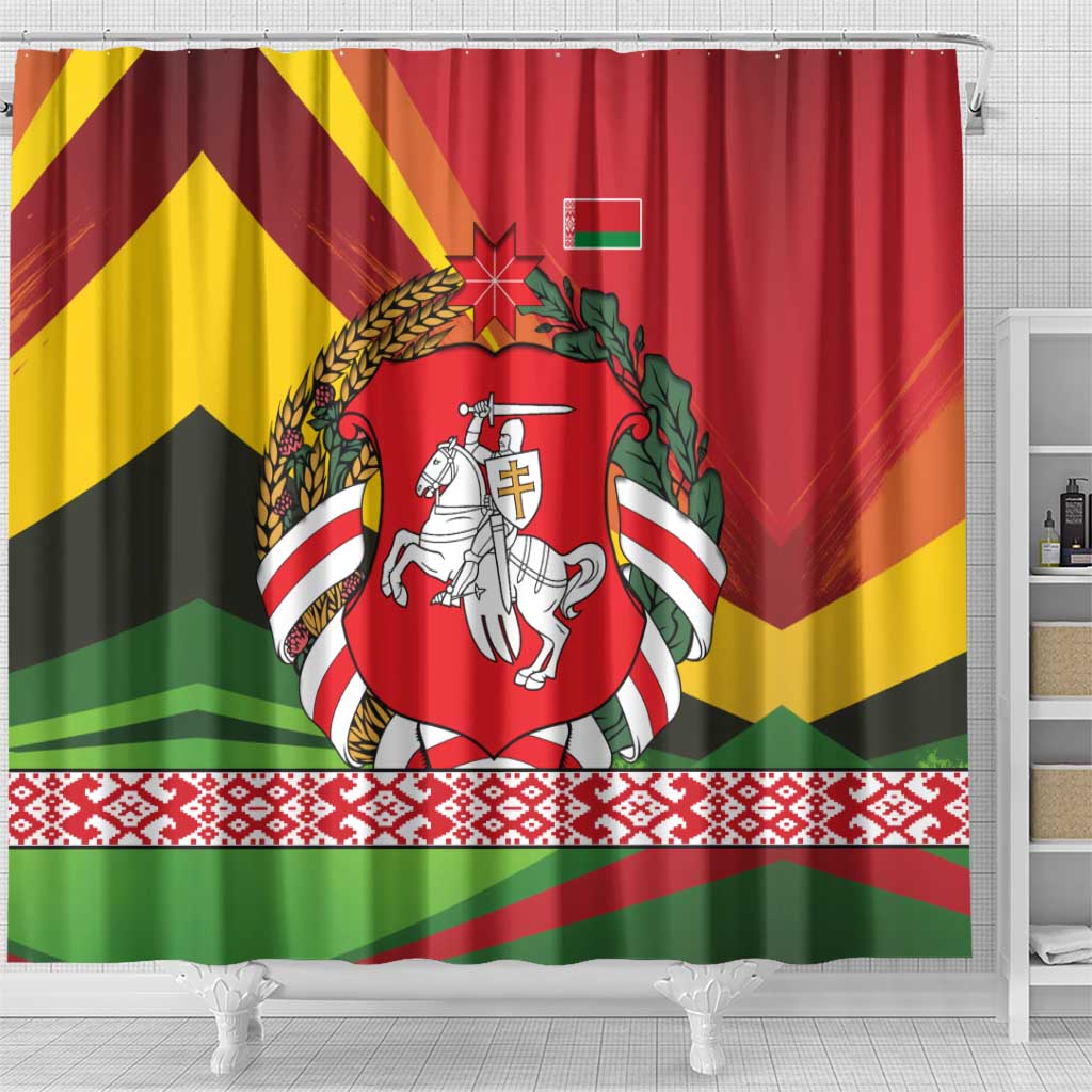 Belarus Red and Yellow National Crest Shower Curtain with Pahonia Knight and Folk Motif Design