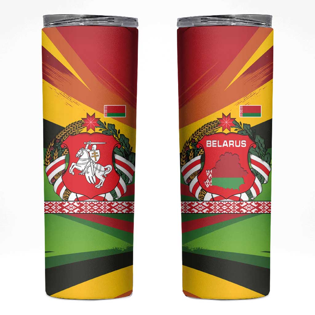 Belarus Red and Yellow National Crest Skinny Tumbler with Pahonia Knight and Folk Motif Design