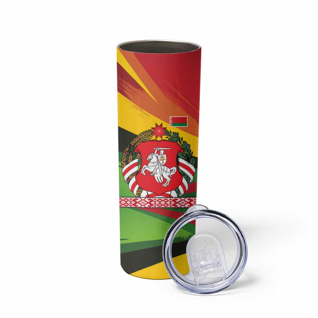 Belarus Red and Yellow National Crest Skinny Tumbler with Pahonia Knight and Folk Motif Design