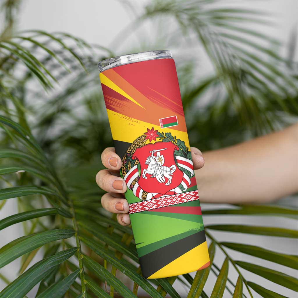 Belarus Red and Yellow National Crest Skinny Tumbler with Pahonia Knight and Folk Motif Design