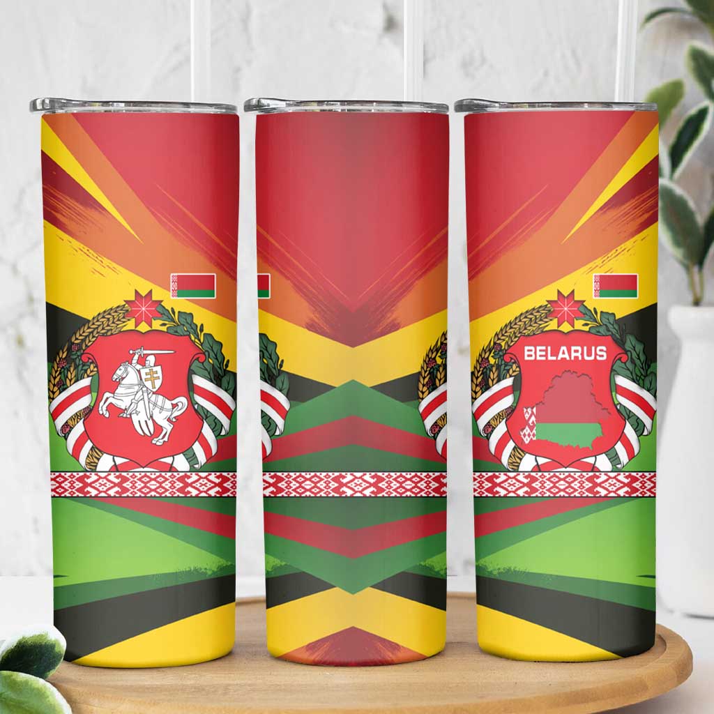 Belarus Red and Yellow National Crest Skinny Tumbler with Pahonia Knight and Folk Motif Design