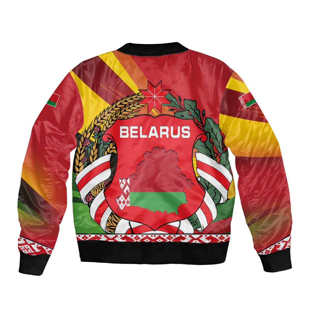 Belarus Red and Yellow National Crest Sleeve Zip Bomber Jacket with Pahonia Knight and Folk Motif Design