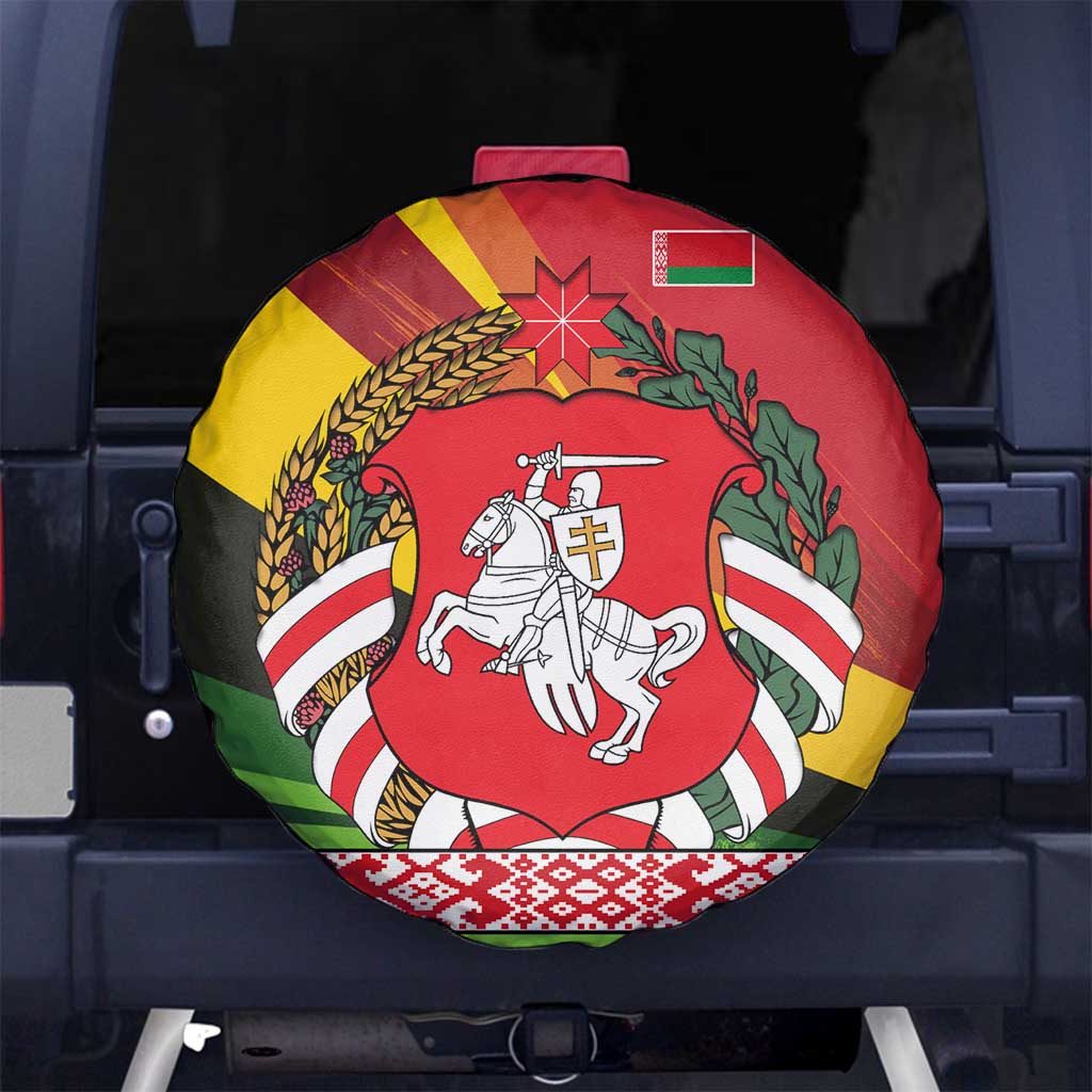 Belarus Red and Yellow National Crest Spare Tire Cover with Pahonia Knight and Folk Motif Design