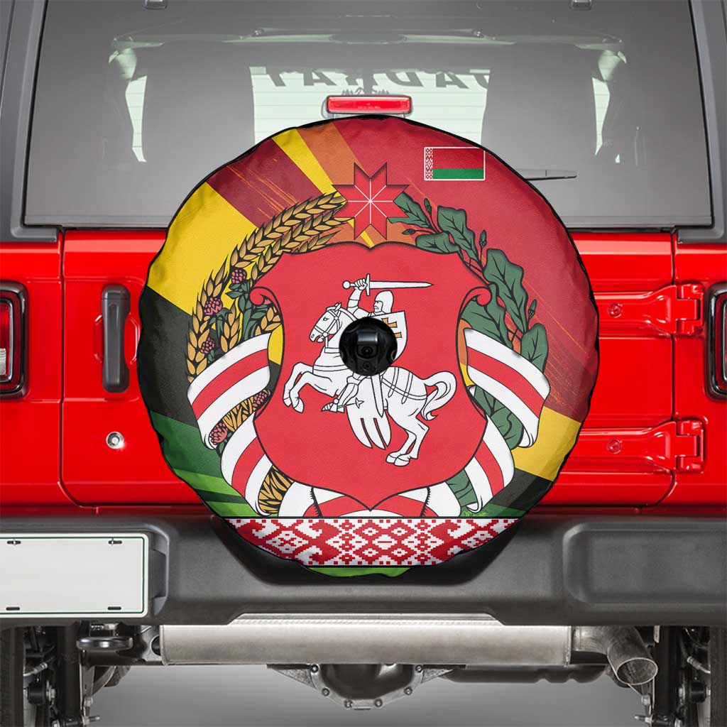 Belarus Red and Yellow National Crest Spare Tire Cover with Pahonia Knight and Folk Motif Design