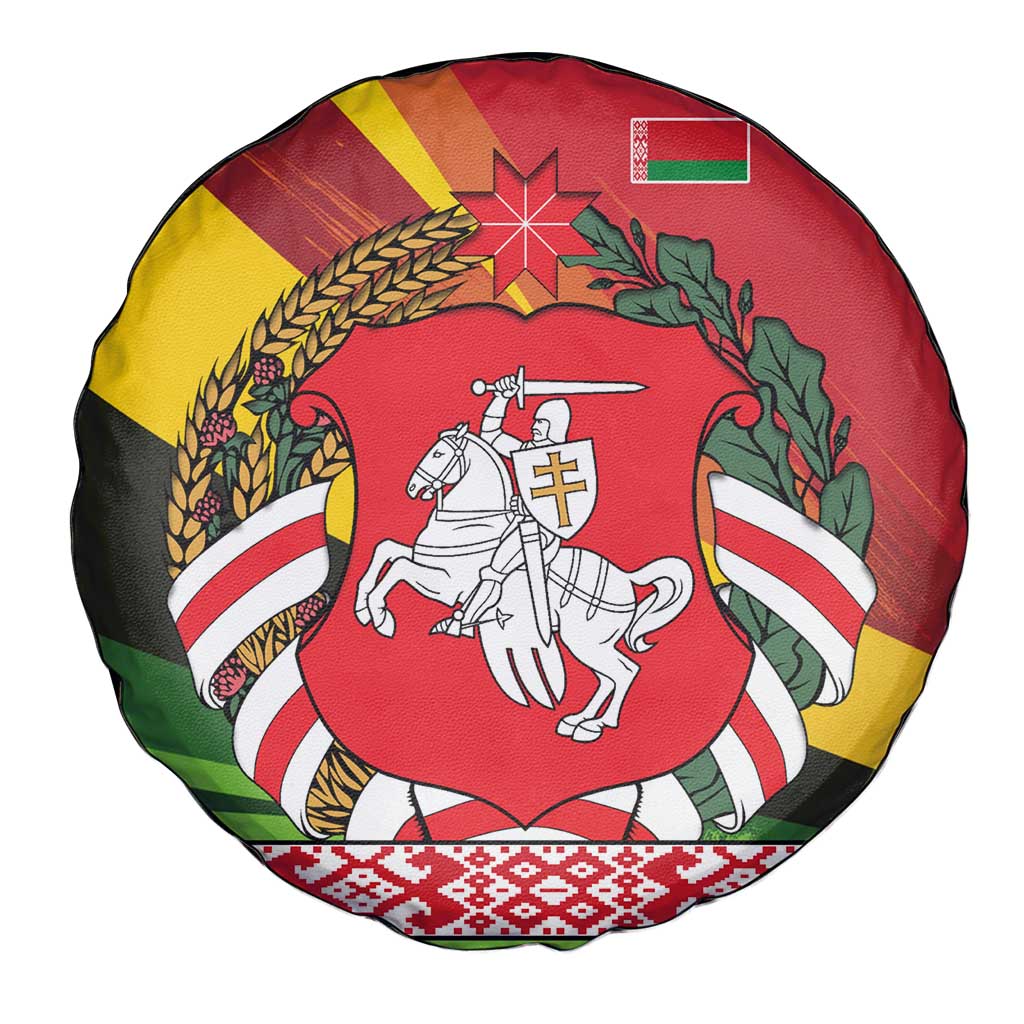 Belarus Red and Yellow National Crest Spare Tire Cover with Pahonia Knight and Folk Motif Design