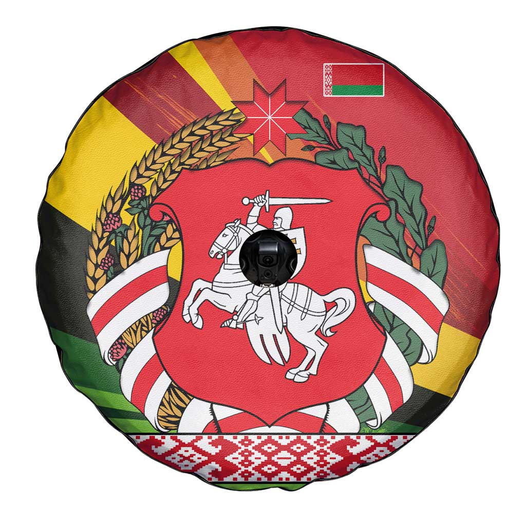 Belarus Red and Yellow National Crest Spare Tire Cover with Pahonia Knight and Folk Motif Design