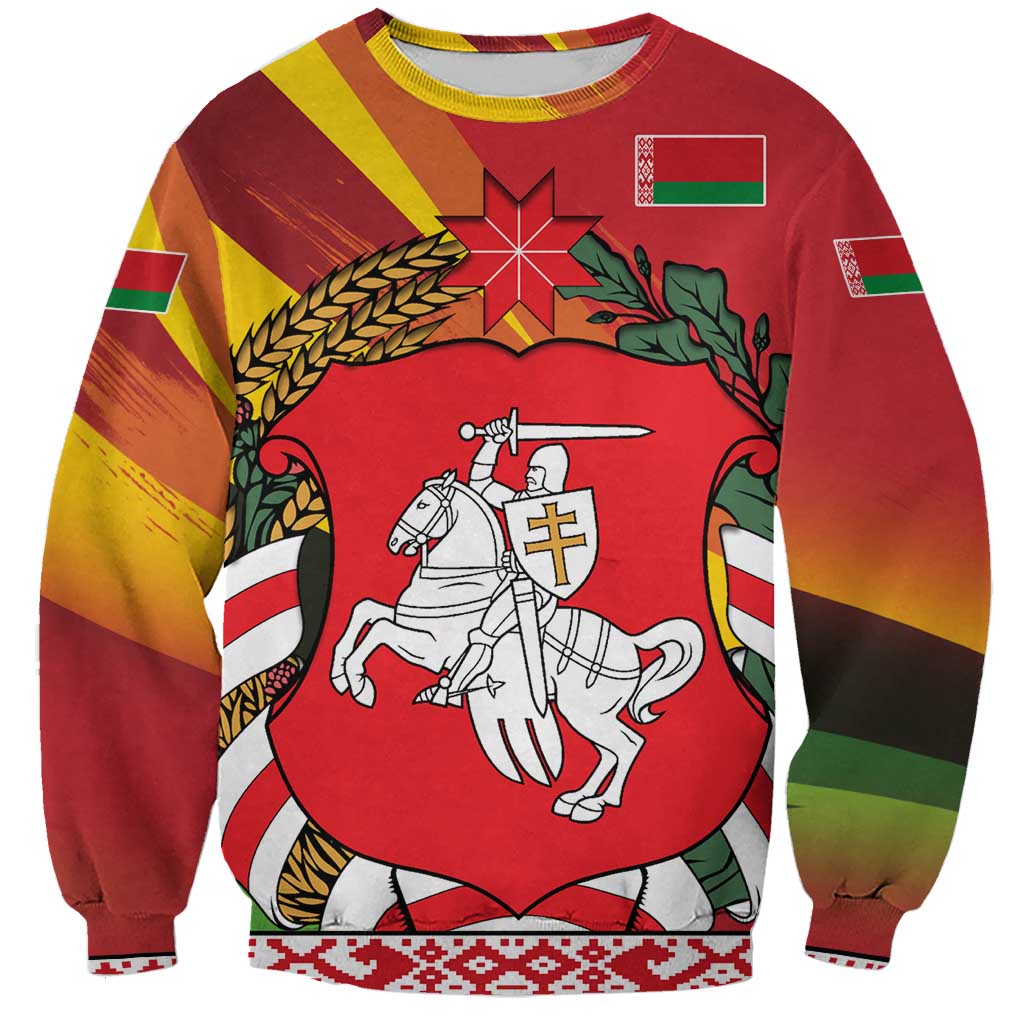 Belarus Red and Yellow National Crest Sweatshirt with Pahonia Knight and Folk Motif Design