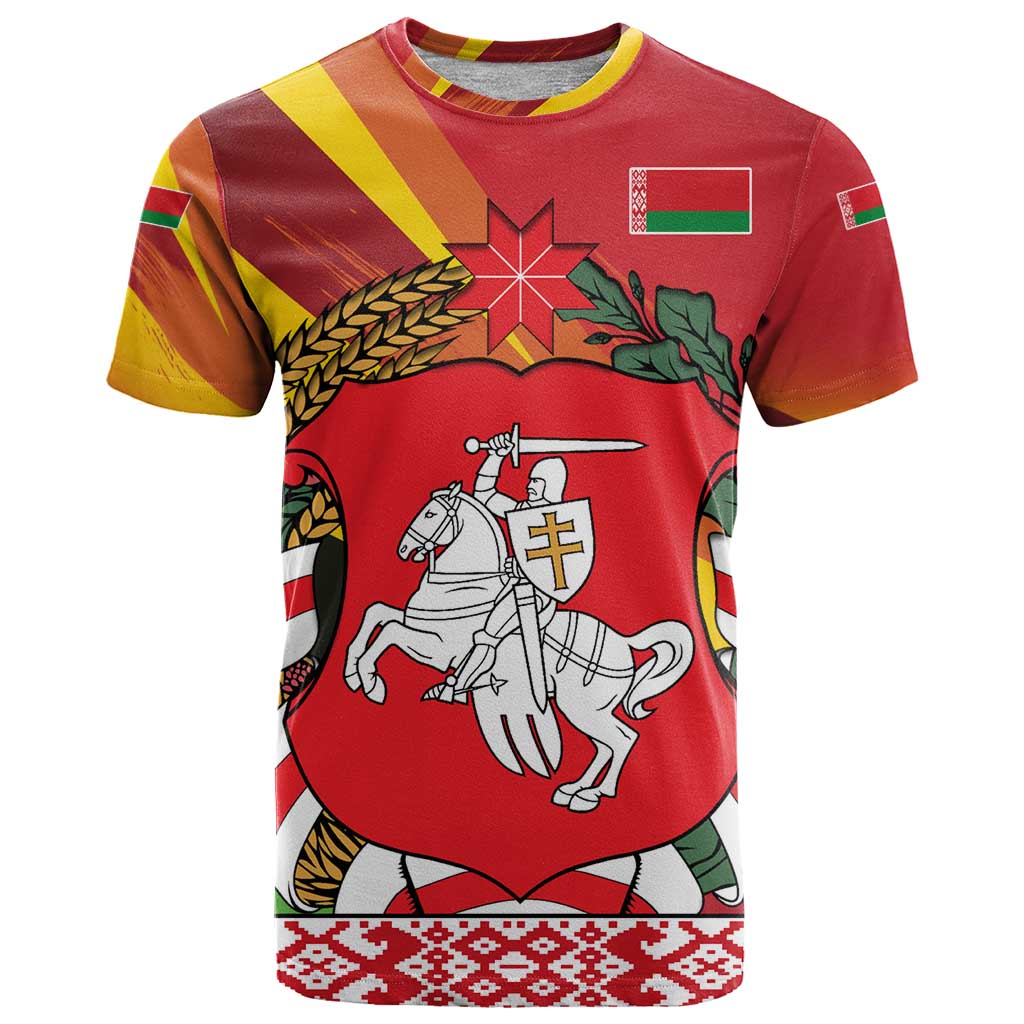 Belarus Red and Yellow National Crest T Shirt with Pahonia Knight and Folk Motif Design