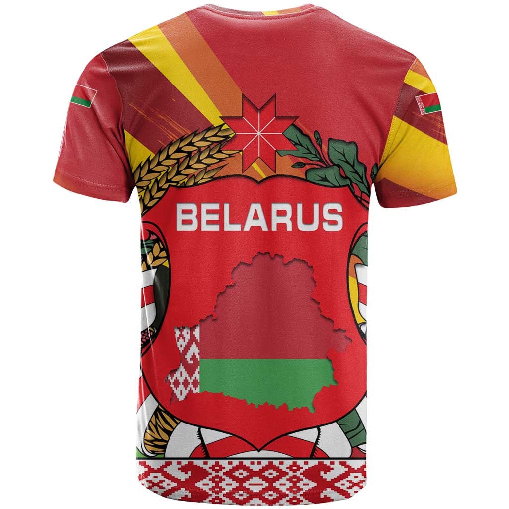 Belarus Red and Yellow National Crest T Shirt with Pahonia Knight and Folk Motif Design