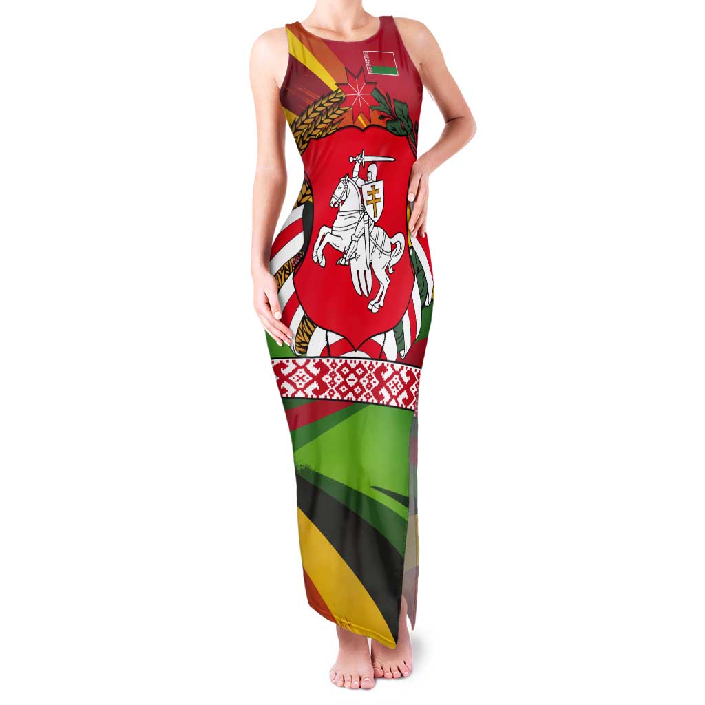 Belarus Red and Yellow National Crest Tank Maxi Dress with Pahonia Knight and Folk Motif Design