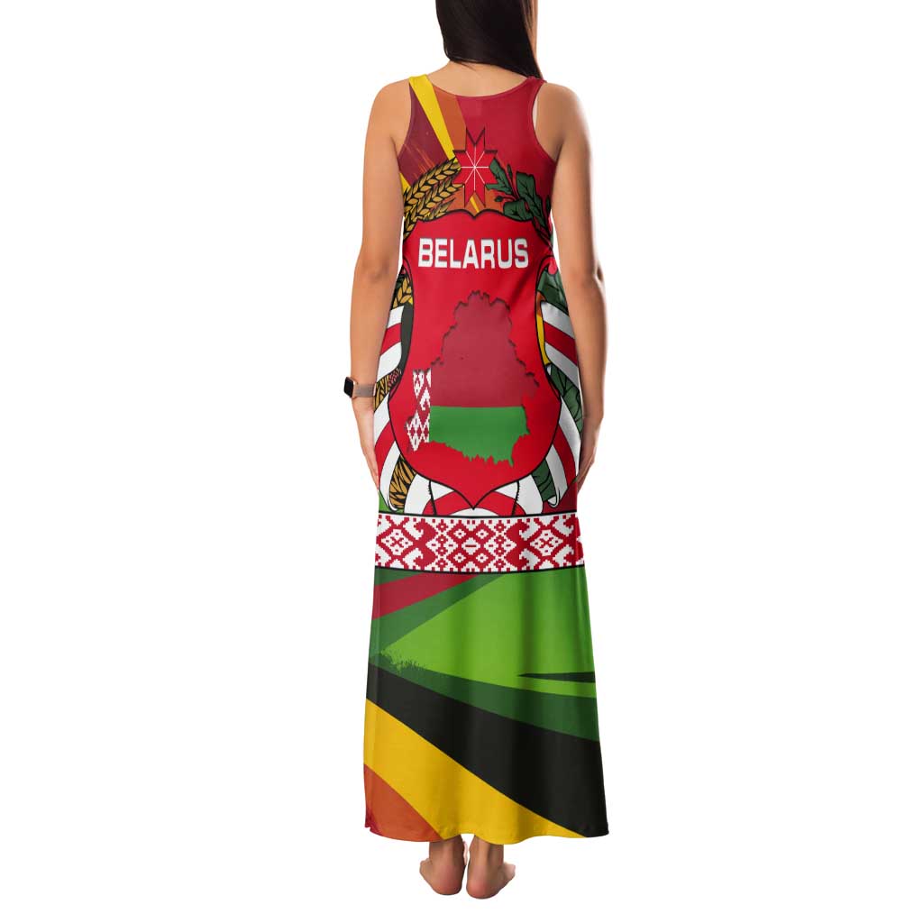 Belarus Red and Yellow National Crest Tank Maxi Dress with Pahonia Knight and Folk Motif Design