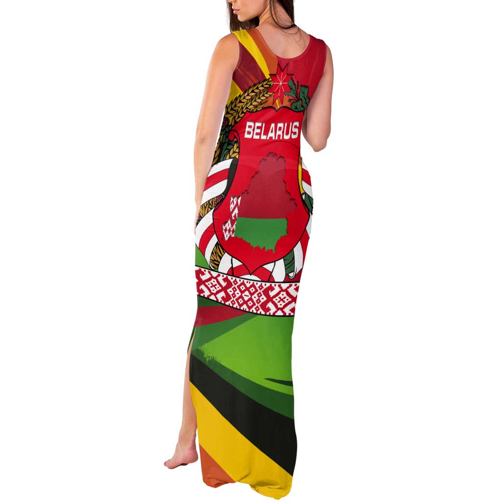 Belarus Red and Yellow National Crest Tank Maxi Dress with Pahonia Knight and Folk Motif Design