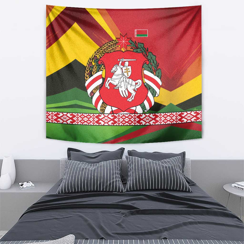 Belarus Red and Yellow National Crest Tapestry with Pahonia Knight and Folk Motif Design