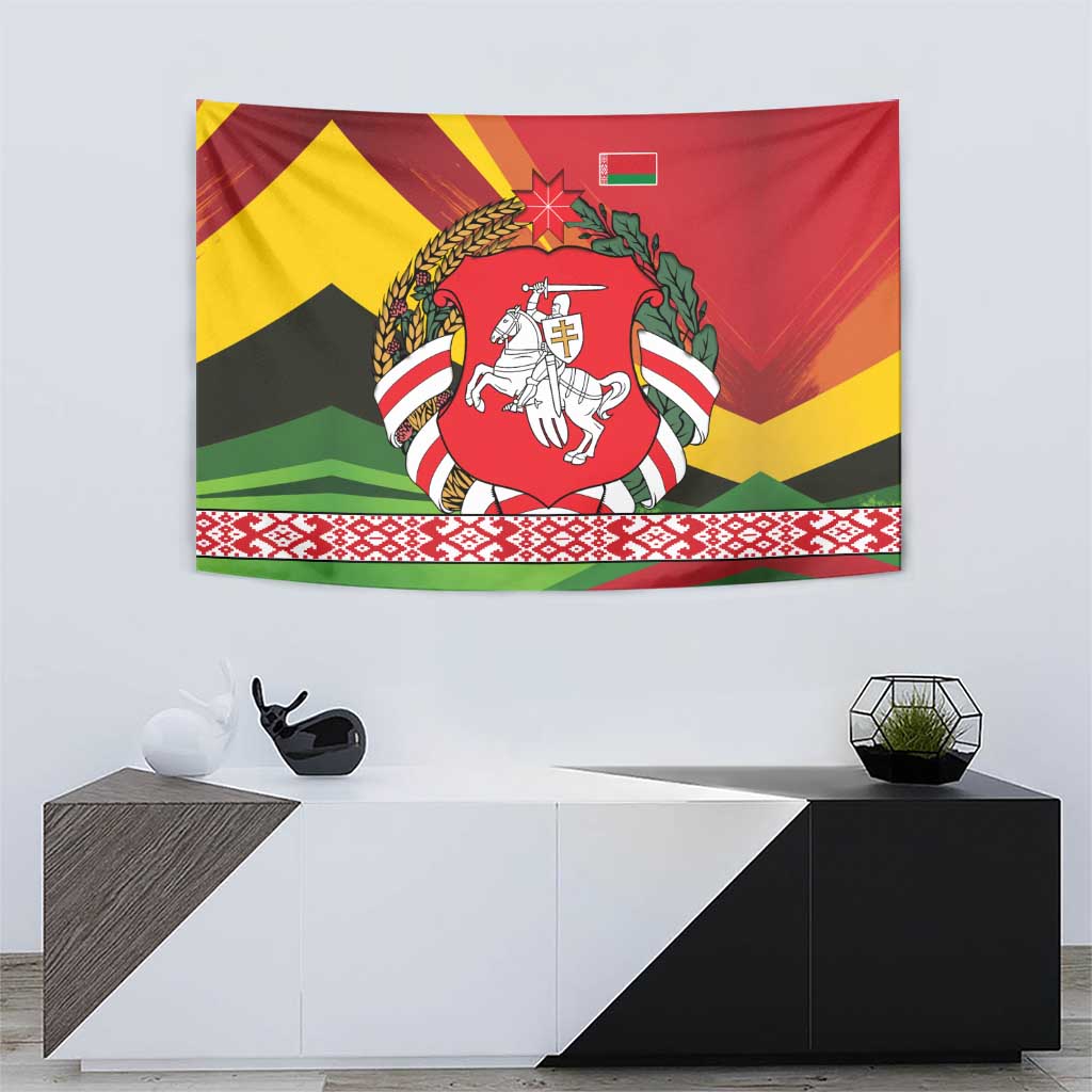 Belarus Red and Yellow National Crest Tapestry with Pahonia Knight and Folk Motif Design