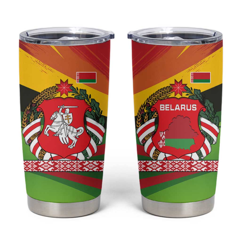 Belarus Red and Yellow National Crest Tumbler Cup with Pahonia Knight and Folk Motif Design