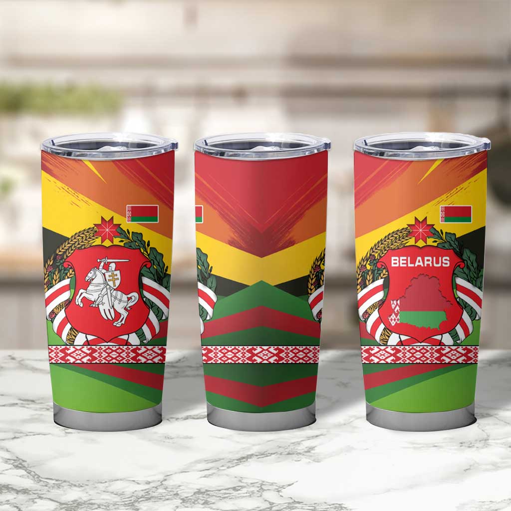 Belarus Red and Yellow National Crest Tumbler Cup with Pahonia Knight and Folk Motif Design