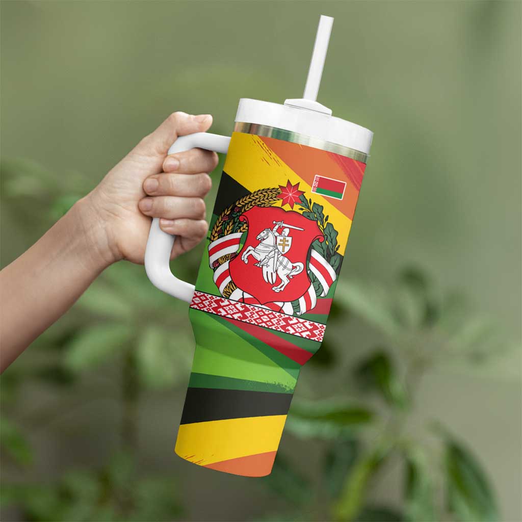 Belarus Red and Yellow National Crest Tumbler With Handle with Pahonia Knight and Folk Motif Design