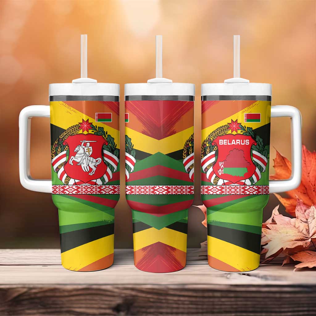 Belarus Red and Yellow National Crest Tumbler With Handle with Pahonia Knight and Folk Motif Design