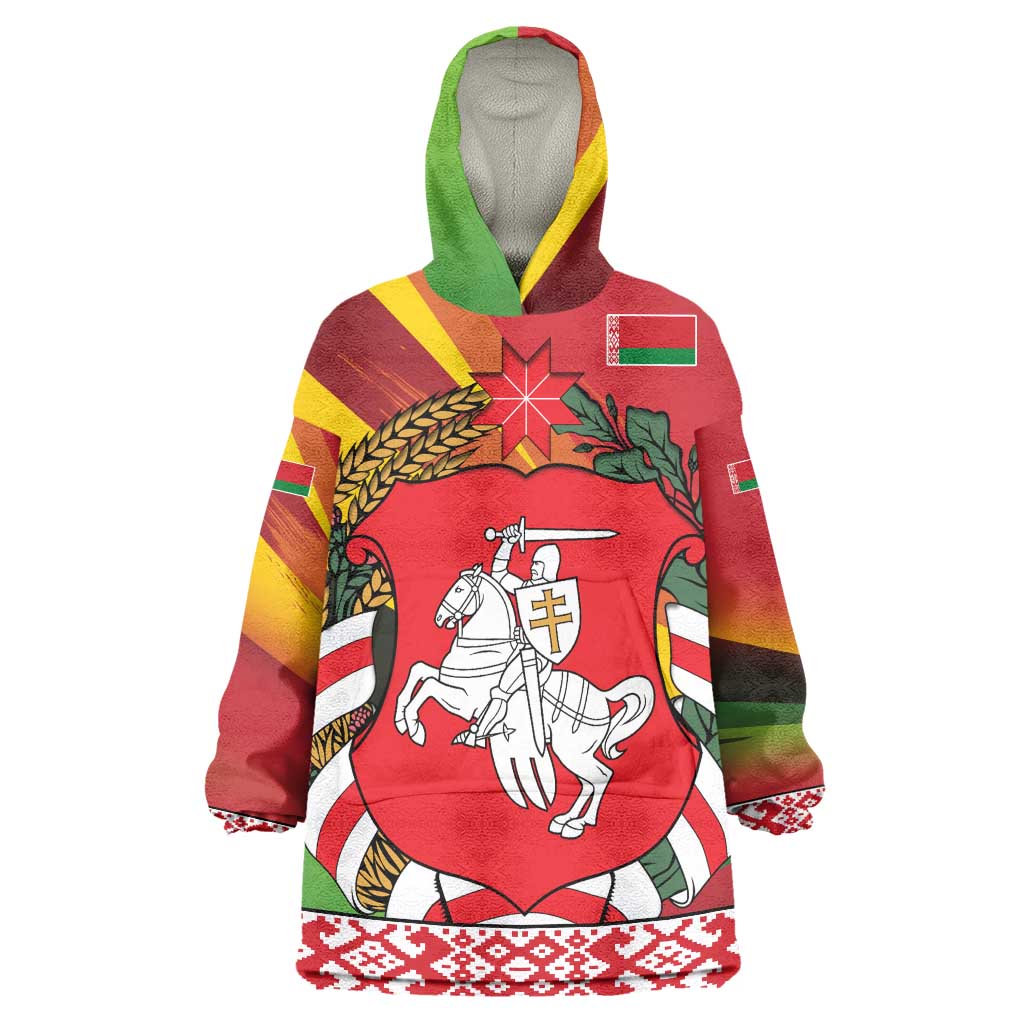 Belarus Red and Yellow National Crest Wearable Blanket Hoodie with Pahonia Knight and Folk Motif Design