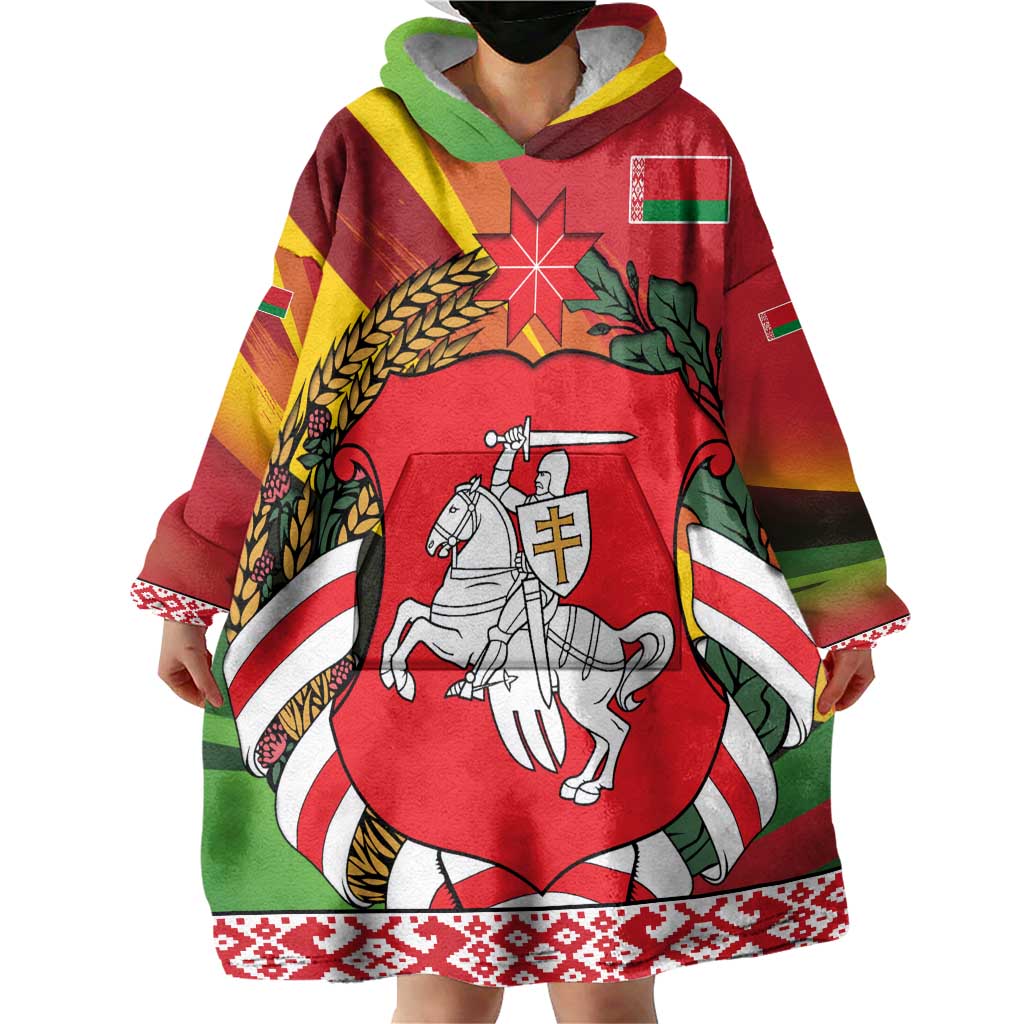 Belarus Red and Yellow National Crest Wearable Blanket Hoodie with Pahonia Knight and Folk Motif Design