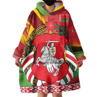 Belarus Red and Yellow National Crest Wearable Blanket Hoodie with Pahonia Knight and Folk Motif Design