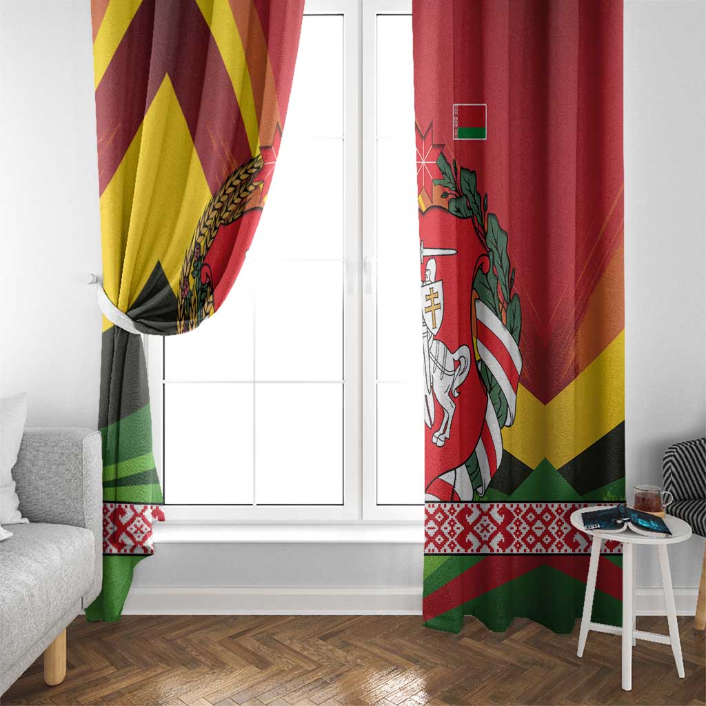 Belarus Red and Yellow National Crest Window Curtain with Pahonia Knight and Folk Motif Design