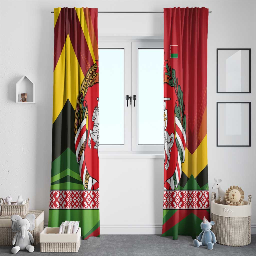 Belarus Red and Yellow National Crest Window Curtain with Pahonia Knight and Folk Motif Design