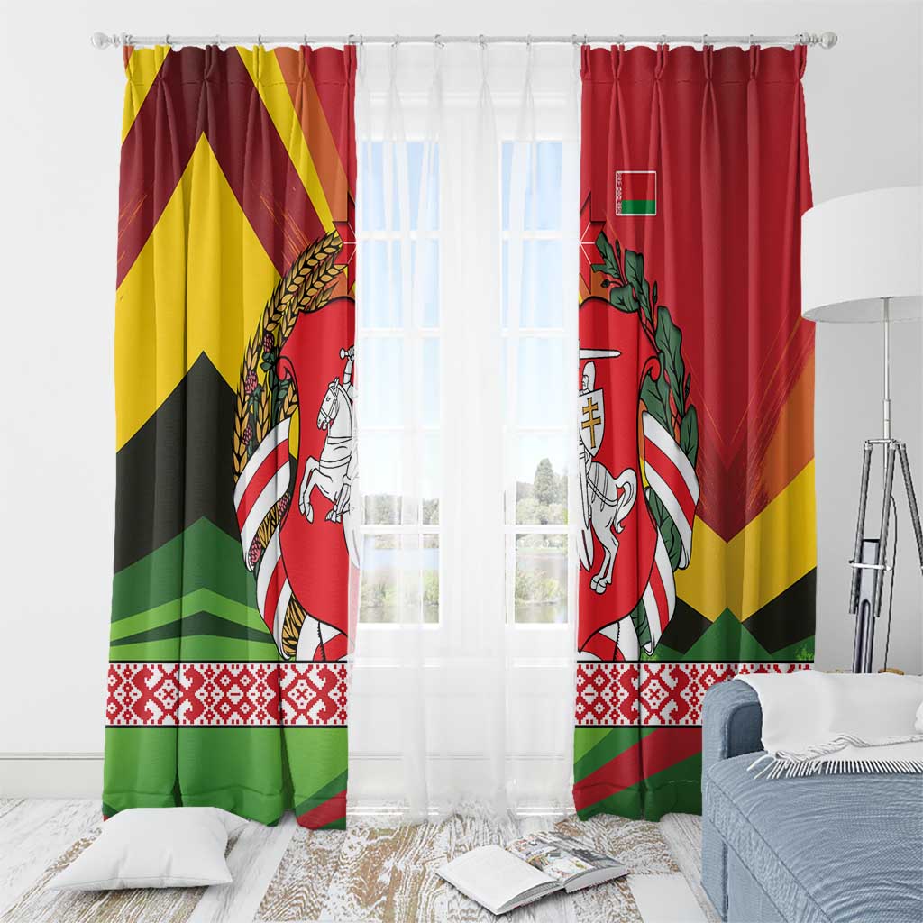 Belarus Red and Yellow National Crest Window Curtain with Pahonia Knight and Folk Motif Design