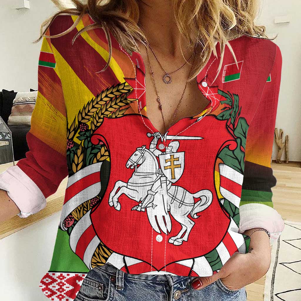 Belarus Red and Yellow National Crest Women Casual Shirt with Pahonia Knight and Folk Motif Design