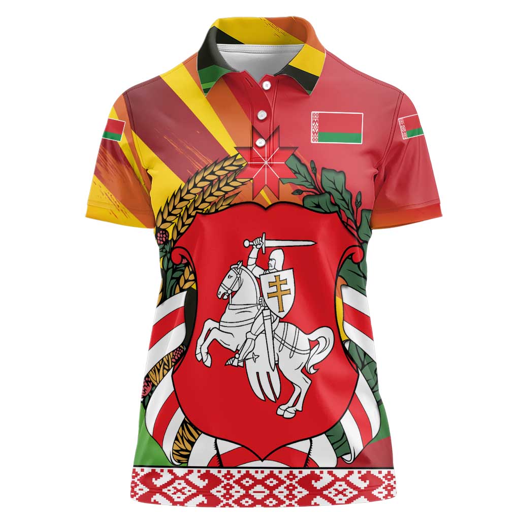 Belarus Red and Yellow National Crest Women Polo Shirt with Pahonia Knight and Folk Motif Design