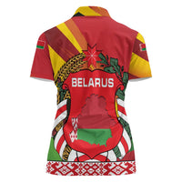 Belarus Red and Yellow National Crest Women Polo Shirt with Pahonia Knight and Folk Motif Design